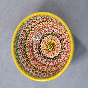 Handcrafted Hand Painted Yellow Ceramic Bowl Floral Mandala Signed 6 Inch